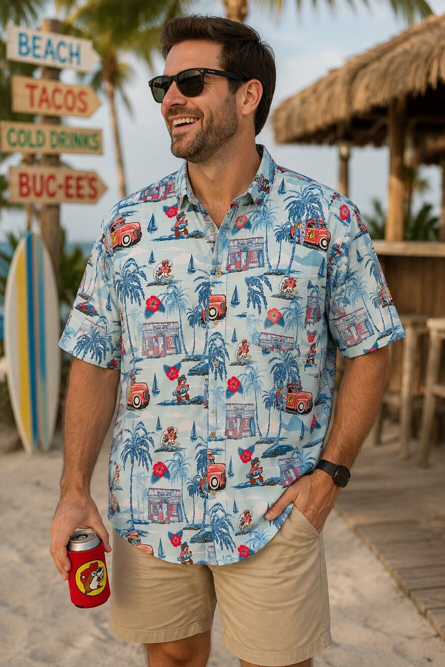 Buc-ee’s Hawaiian Shirt Men 3XL Tropical Surf Palm Trees Button Up Blue